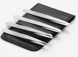Foto van Gereedschap set of 4 professional stainless steel tweezers with leather pouch for ingrown hair eyebr