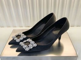 Foto van Schoenen black satin rhinestones high heels shoes woman synthetic crystal diamond pointed party shoe