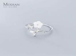 Foto van Sieraden modian new 925 sterling silver radiant zircon leaves white shell flower free size ring for 