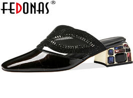 Foto van Schoenen fedonas elegant crystal fashion women mules summer genuine leather newest thick heels pumps