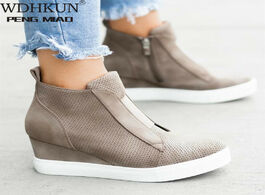Foto van Schoenen women pu leather shoes female wedge flat solid walking sneakers ladies zipper platform sand