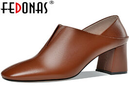 Foto van Schoenen fedonas single concise genuine leather women shoes elegant square toe thick heels pumps fam