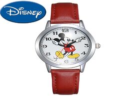 Foto van Horloge top brand disney official mickey mouse teen leather quartz waterproof wrist watch youth men 