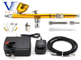 Foto van Gereedschap airbrush sets gold 0.3mm with mini compressor no automatic shutdown and cleaning tools k