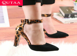 Foto van Schoenen qutaa 2020 women pumps leopard pu leather flock sandals square high heels pointed toe buckl
