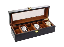 Foto van Luxe houten horloge box geschikt voor horloges en sieraden 6 compartimenten met kussentjes bruin